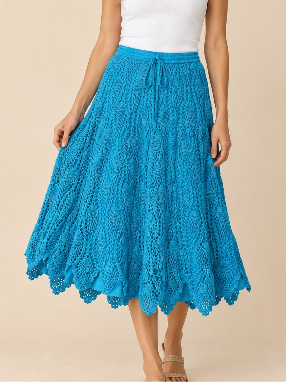 Jackpot Cotton Crochet Lace Midi Skirt Turquoise Boho Lined Size M